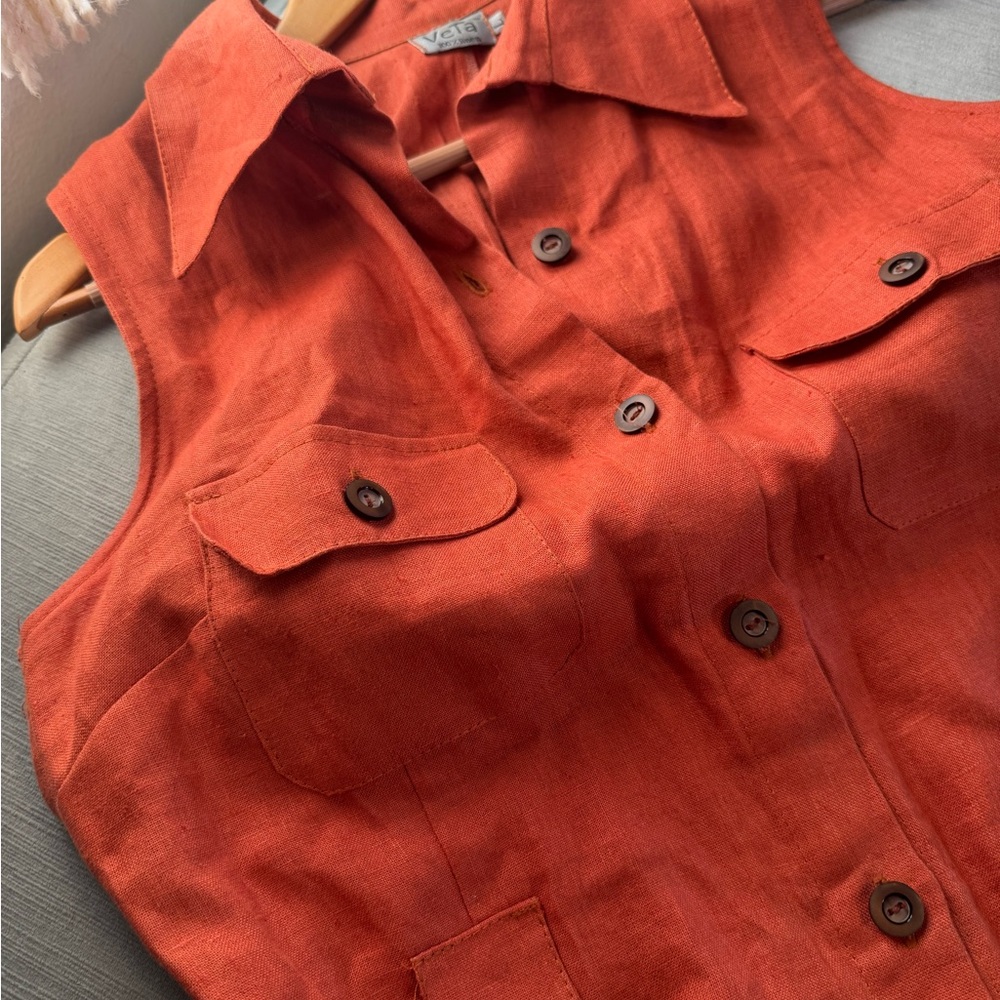 Vintage Orange Sleeveless Button-Up Dress 100% Linen with pockets